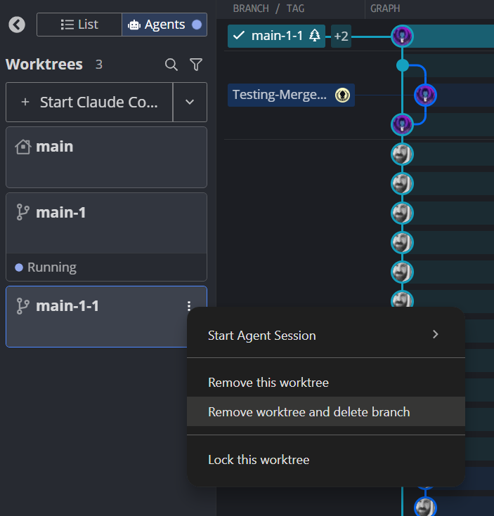 Card menu for a worktree in Agent Sessions View showing the Remove this worktree and Remove worktree and delete branch options.