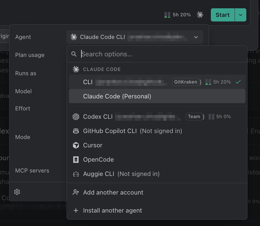 The Agent list open in the composer, grouped by agent. Under a Claude Code heading sit two account rows, CLI and Claude Code (Personal), followed by Codex CLI and the other agents, then Add another account and Install another agent.