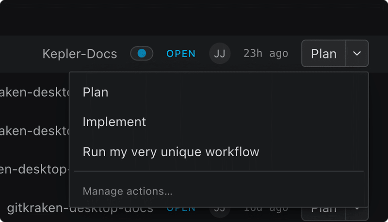 The Action dropdown open on a Todo row, listing Plan, Implement, Review, and Address Feedback