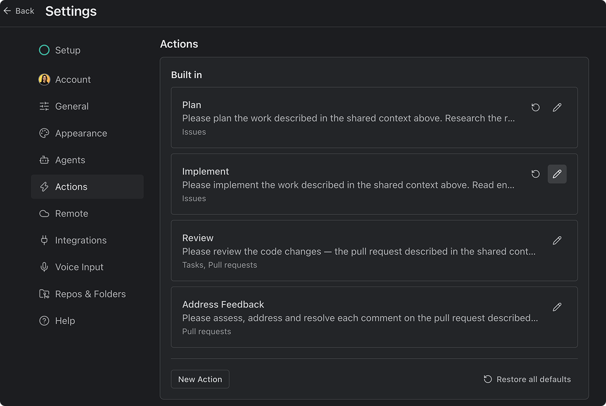 The Actions settings, with the Edit pencil icon on an Action row