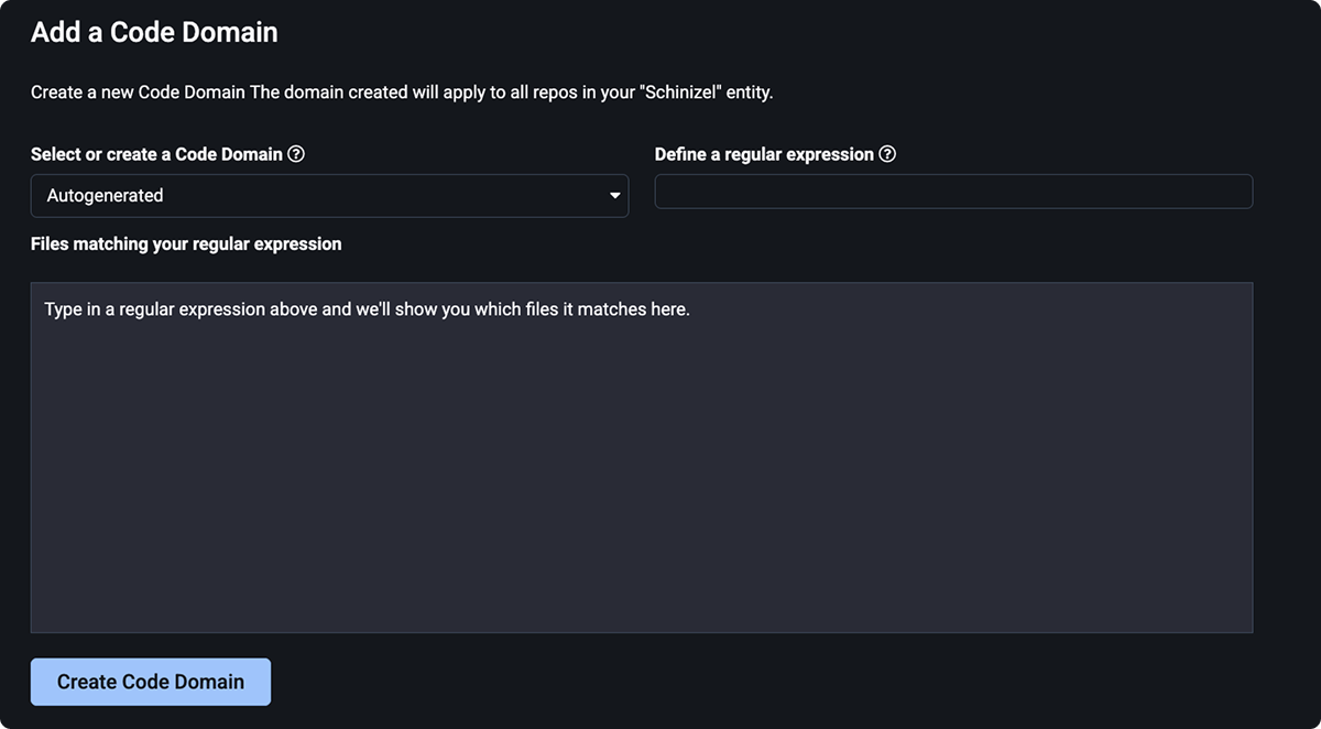 Add a Code Domain form showing a Code Domain dropdown, a regular expression input, and a Files matching your regular expression live preview panel