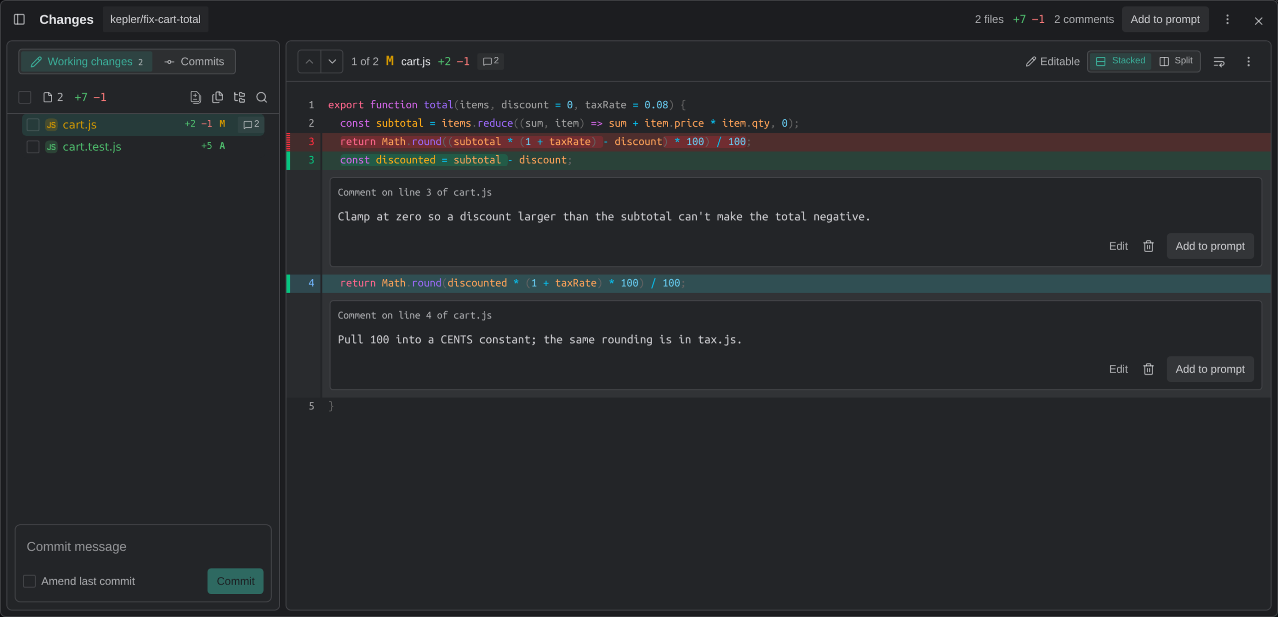 The Changes overlay for kepler/fix-cart-total with cart.js open. Two posted review comments sit under the diff lines they are about, on line 3 and line 4, each with Edit, Delete and Add to prompt, and the overlay header reads 2 comments beside Add to prompt.