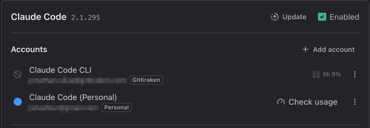 The Claude Code card in Settings → Agents, with its version, Update, and Enabled in the title line. Its Accounts section lists the uncolored default account and a second account, Claude Code (Personal), marked with a blue colour swatch.