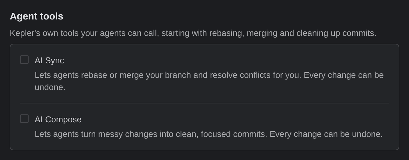 The Agent tools section of Settings › Agents, with AI Sync (lets agents rebase or merge your branch and resolve conflicts) and AI Compose (lets agents turn messy changes into focused commits), both off.