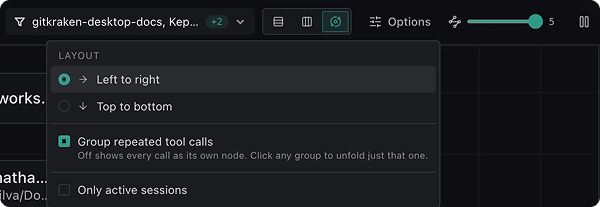 The Agent Graph's header, with the search box, Options menu, depth slider, and freeze control