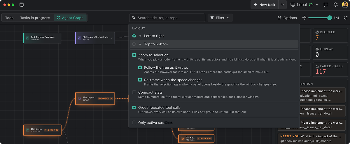 The Agent Graph's header, with the search box, and the Options menu open showing Layout, Zoom to selection, Compact stats, and Group repeated tool calls