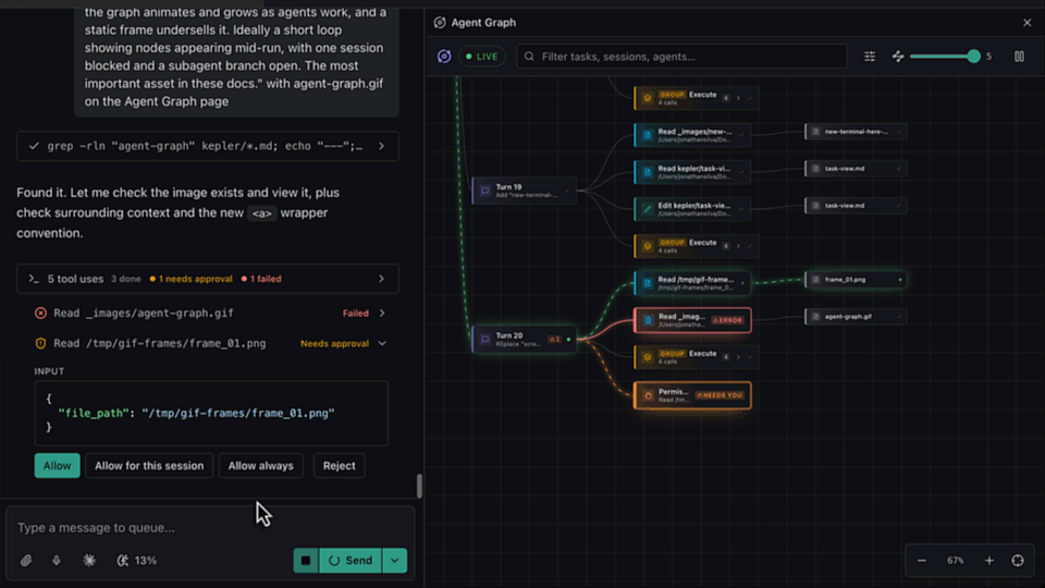 The Agent Graph animating as agents work, with turn, tool-call, and file nodes appearing, including one tool call in an error state