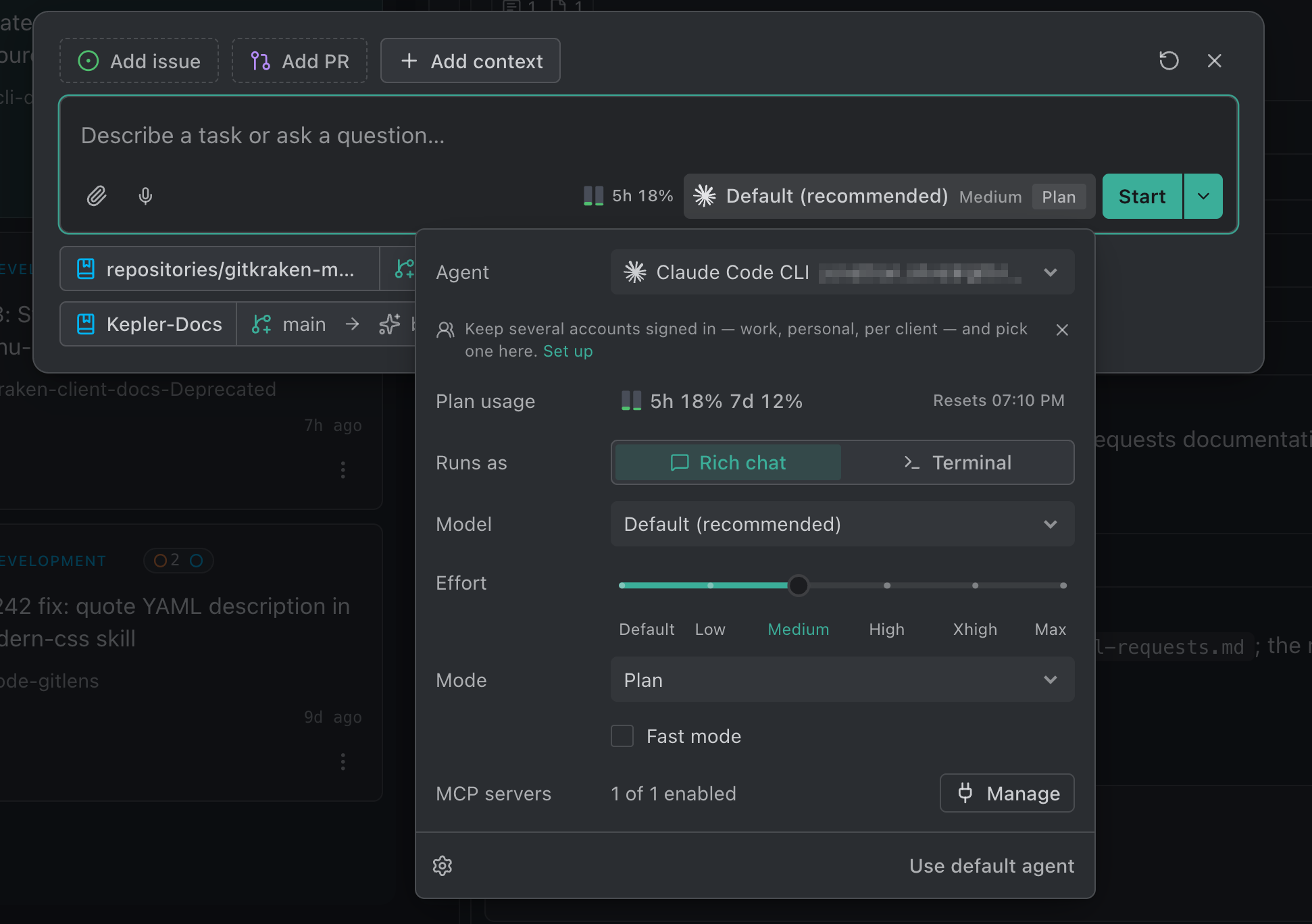 The Agent settings menu open from the New task composer, with rows for Agent, Plan usage, Runs as, Model, Effort, Mode, and Fast mode, and an MCP servers row reading 1 of 1 enabled with a Manage button.