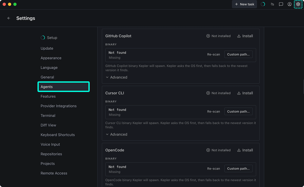 The Agents section in Kepler Settings showing GitHub Copilot, Cursor CLI, and OpenCode entries each with a Not installed status, an Install button, a Binary path row, and a Re-scan and Custom path option