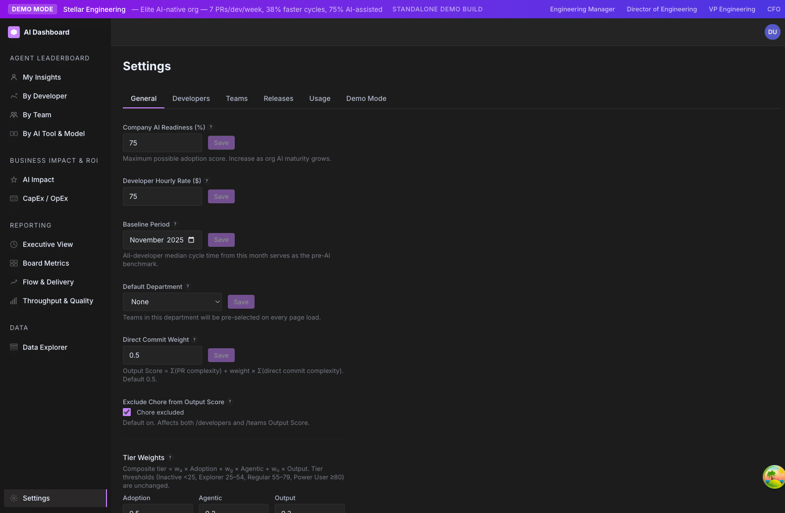 Settings General tab in GitKraken Insights showing Company AI Readiness, Developer Hourly Rate, Baseline Period, and Default Department fields