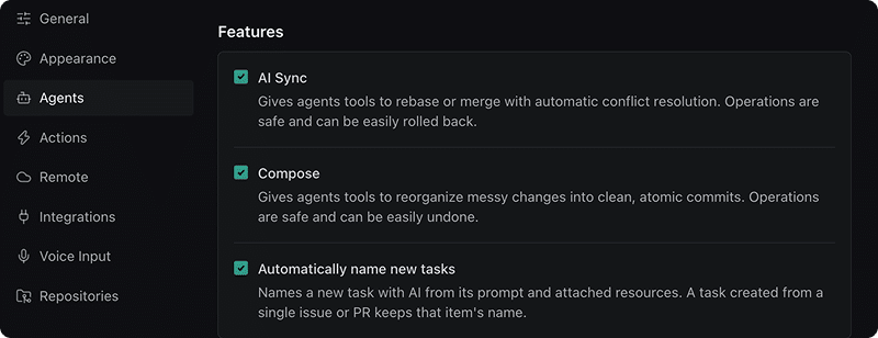 Settings → Agents → Features, with AI Sync and Compose both enabled