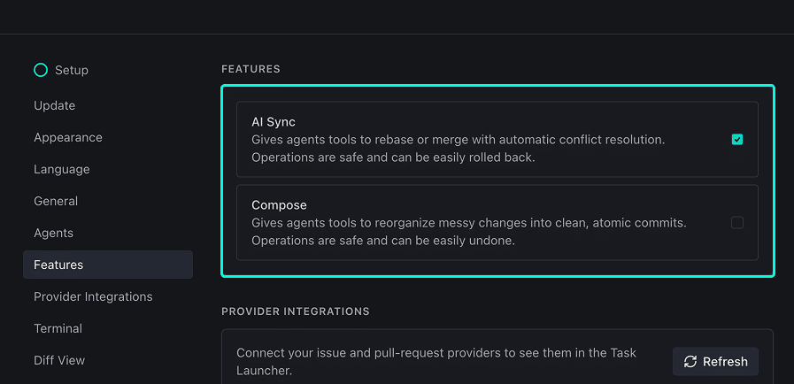 Settings → Features panel showing AI Sync (enabled, checked) with the description 'Gives agents tools to rebase or merge with automatic conflict resolution. Operations are safe and can be easily rolled back.' and Compose (disabled, unchecked) with the description 'Gives agents tools to reorganize messy changes into clean, atomic commits. Operations are safe and can be easily undone.'