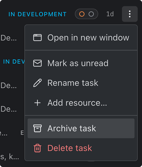 The row's ⋮ menu open, with Archive task highlighted among Open in new window, Mark as unread, Rename task, Add resource, and Delete task