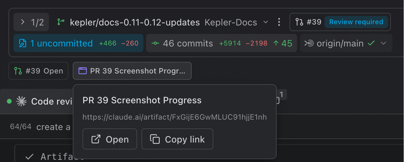 The artifact attached to the task as a link on the task's pill, with its popover open showing the artifact's title, its link, Open, and Copy link.