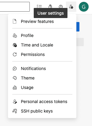 Azure DevOps user settings menu open in the top-right corner, listing Preview features, Profile, Time and Locale, Permissions, Notifications, Theme, Usage, Personal access tokens, and SSH public keys