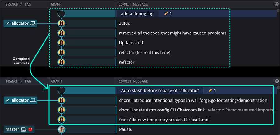 Recompose a range of commits or working directory.