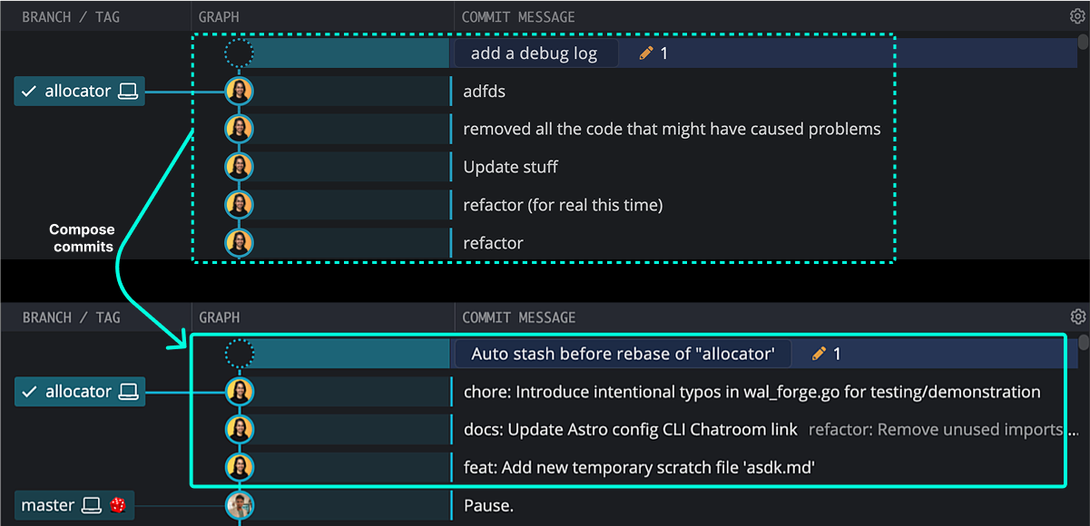 GitKraken interface showing a selected range of commits before and after being composed into a cleaner history.