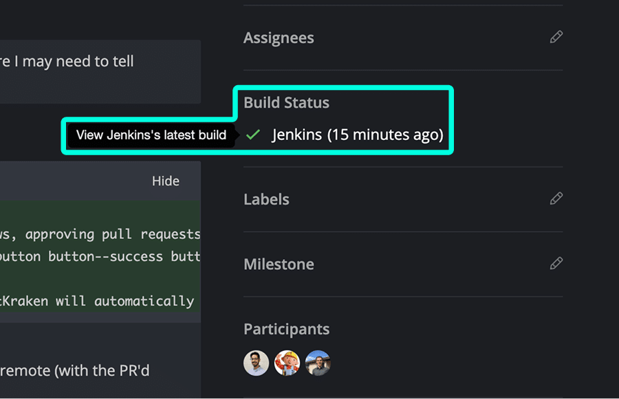 Build status section showing a successful Jenkins check completed 15 minutes ago with tooltip 'View Jenkins's latest build'
