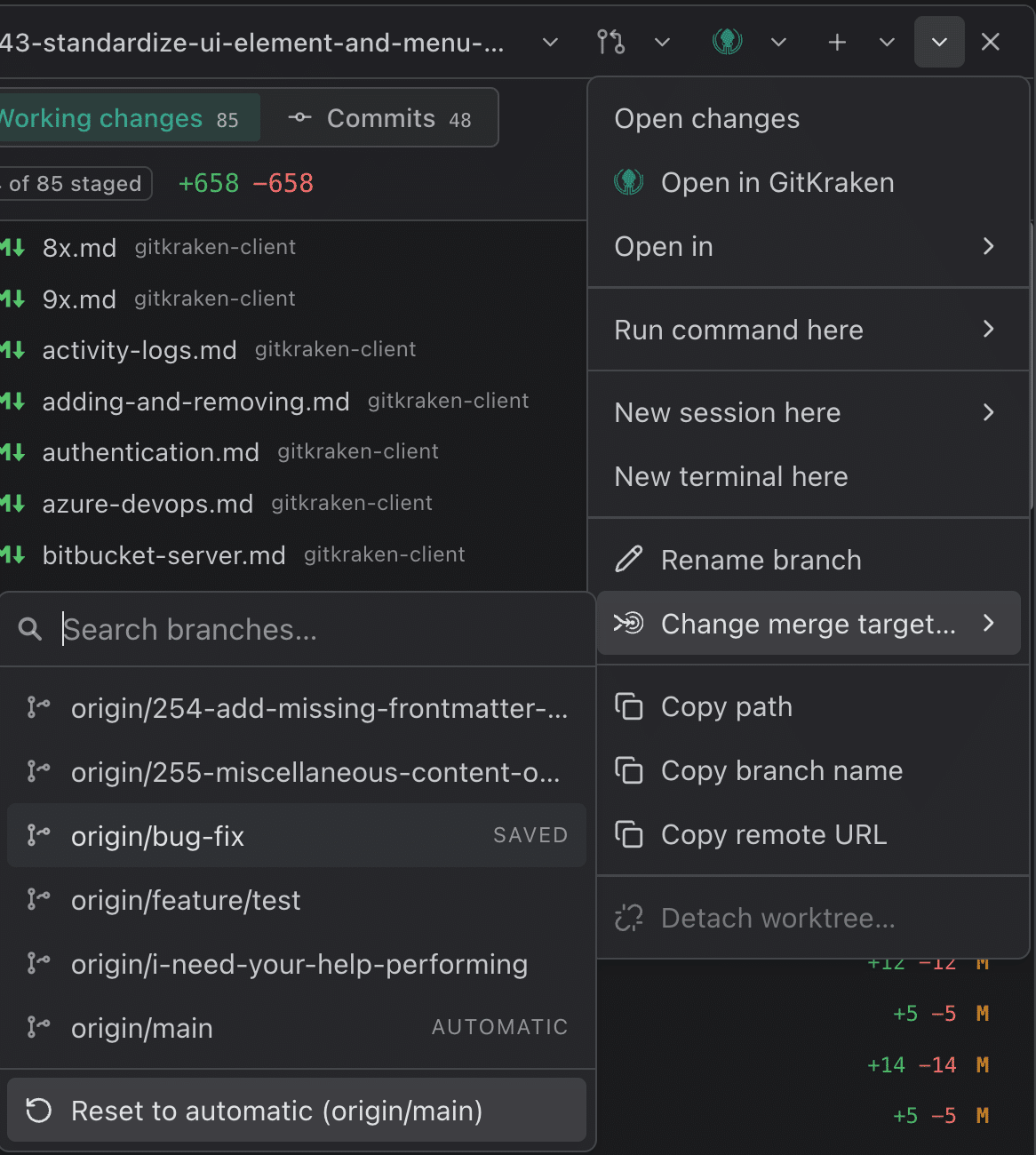 A worktree's menu with Change merge target open beside it: a Search branches field above a list of remote branches, with origin/bug-fix marked Saved, origin/main marked Automatic, and Reset to automatic (origin/main) at the bottom.