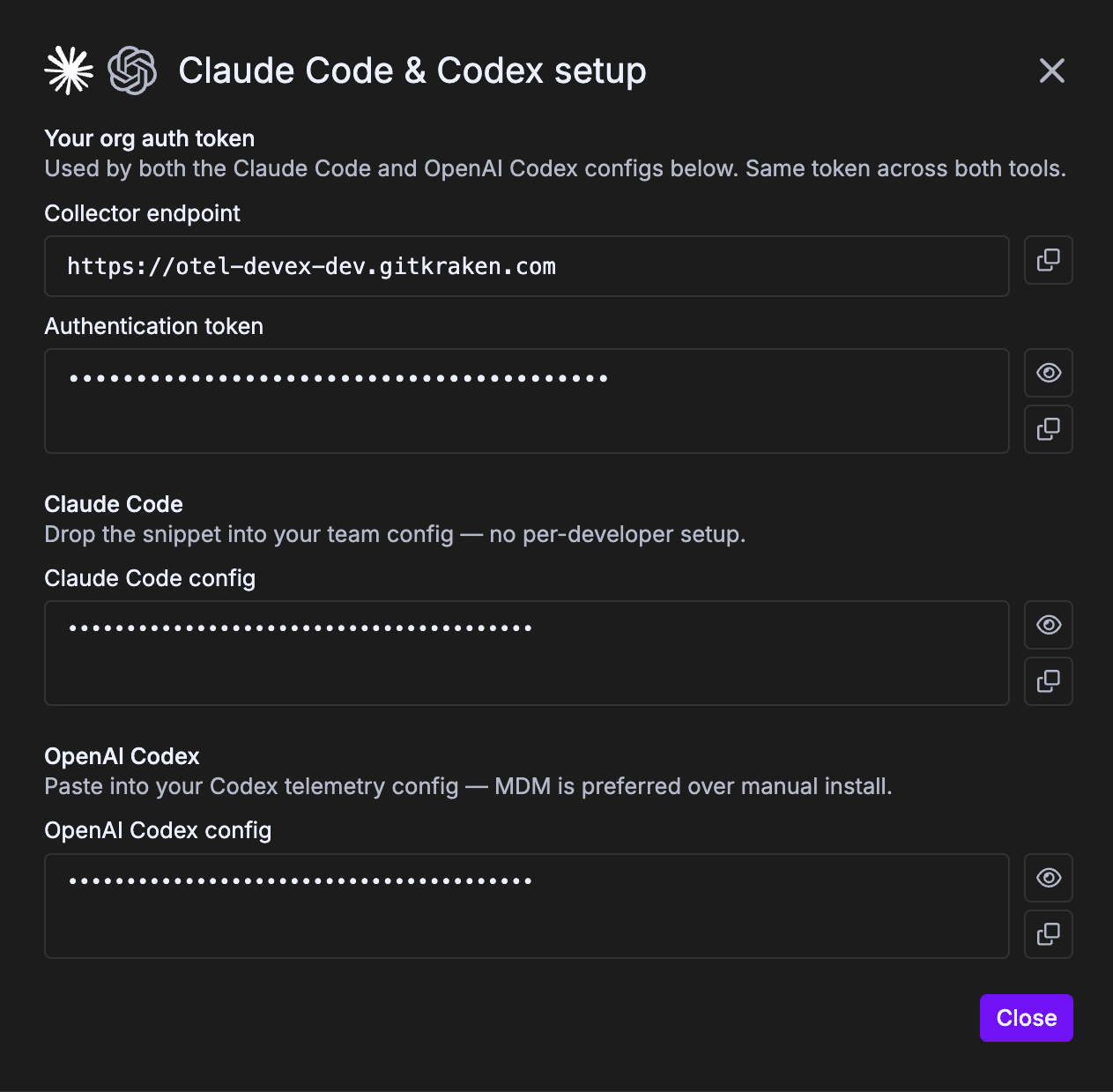 The Claude Code and Codex setup page in GitKraken Insights, showing the shared org auth token with its Collector endpoint and masked Authentication token, followed by a masked Claude Code config field and a masked OpenAI Codex config field, each with reveal and copy buttons