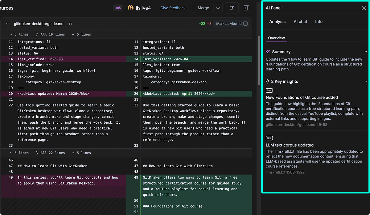 AI-assisted code review summary in GitKraken.dev