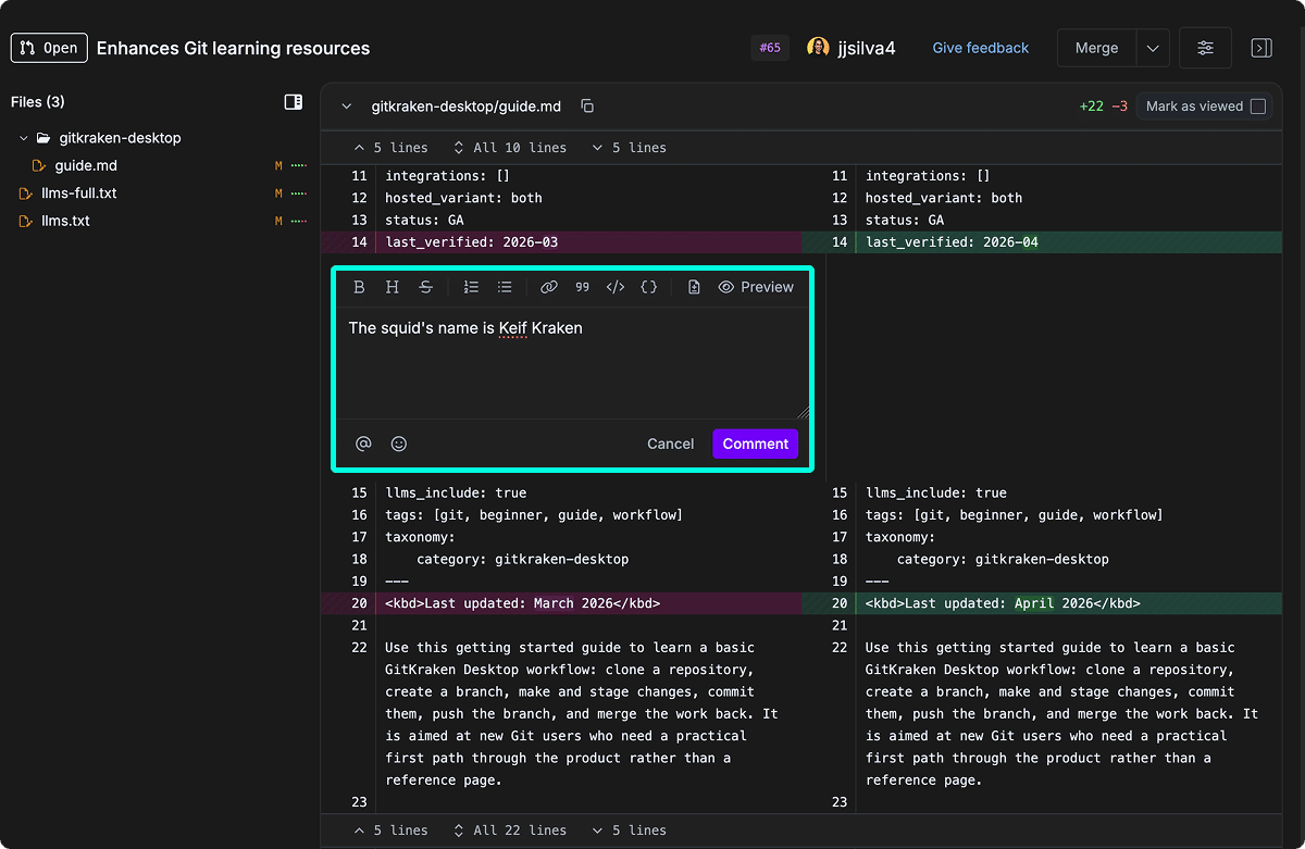 Commenting on a pull request in GitKraken.dev Code Review