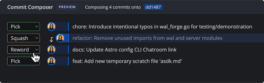 Shows an interactive window with options to pick, squash, or reword commits.