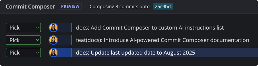Shows an interactive window with options to pick, squash, or reword commits.