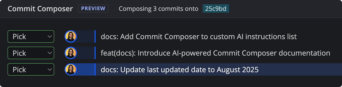 Commit Composer interface showing a list of commits with dropdown options to pick, squash, or reword before composing.