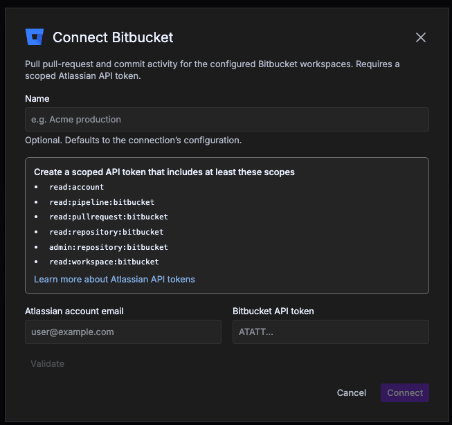 Connect Bitbucket modal in GitKraken Insights showing an optional connection name field, the list of scoped Atlassian API token scopes required, and the Atlassian account email and Bitbucket API token fields