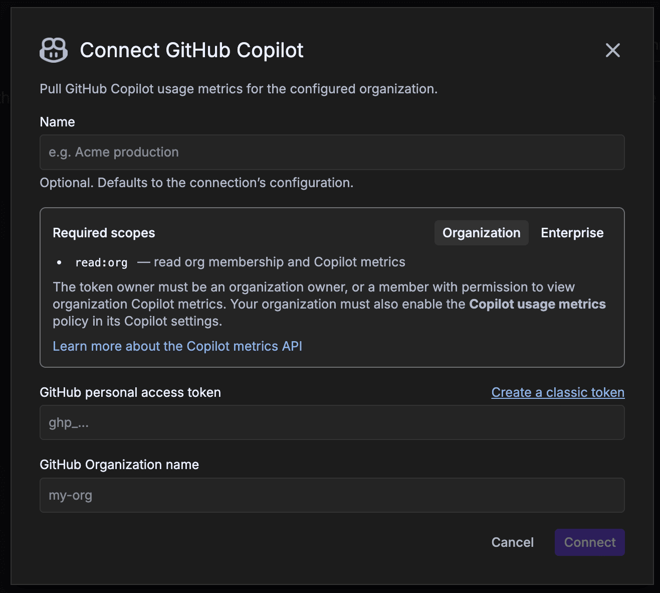 Connect GitHub Copilot modal in GitKraken Insights showing an optional connection name field, a Required scopes panel with Organization and Enterprise tabs listing the read:org scope and the token-owner and usage-metrics-policy prerequisites, a GitHub personal access token field with a Create a classic token link, and a GitHub Organization name field
