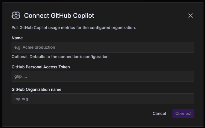 Connect GitHub Copilot modal in GitKraken Insights showing an optional connection name field, a GitHub Personal Access Token field, and a GitHub Organization name field
