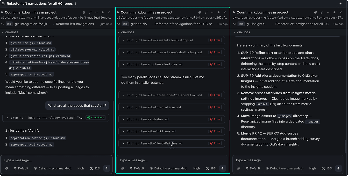 Console view showing three agent sessions side by side. The middle session displays tool calls with error states. The right session shows a formatted commit summary as an agent response.