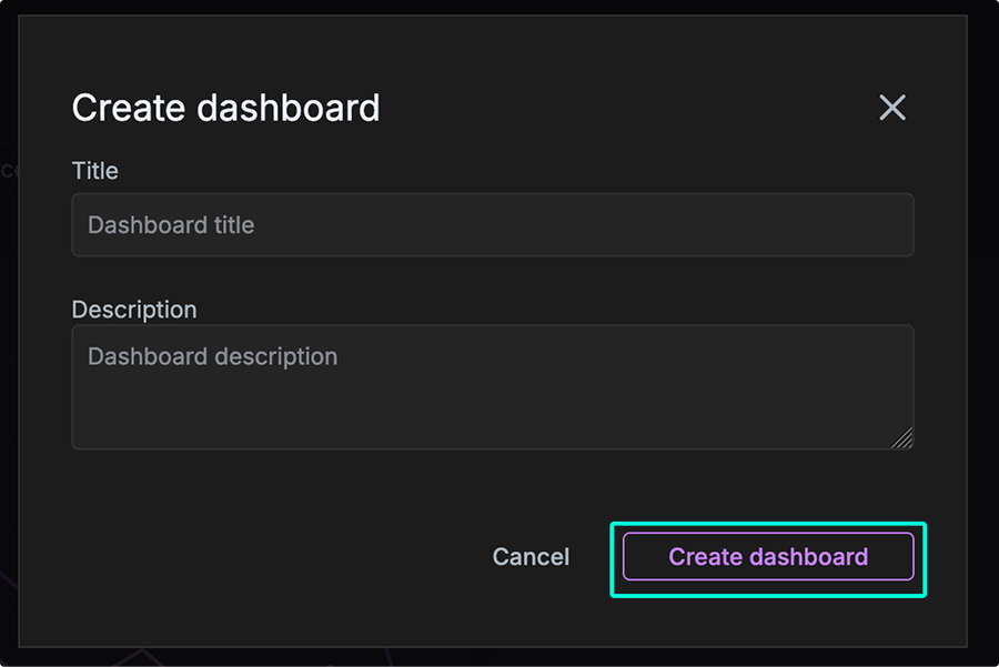 Create dashboard modal with title and description fields