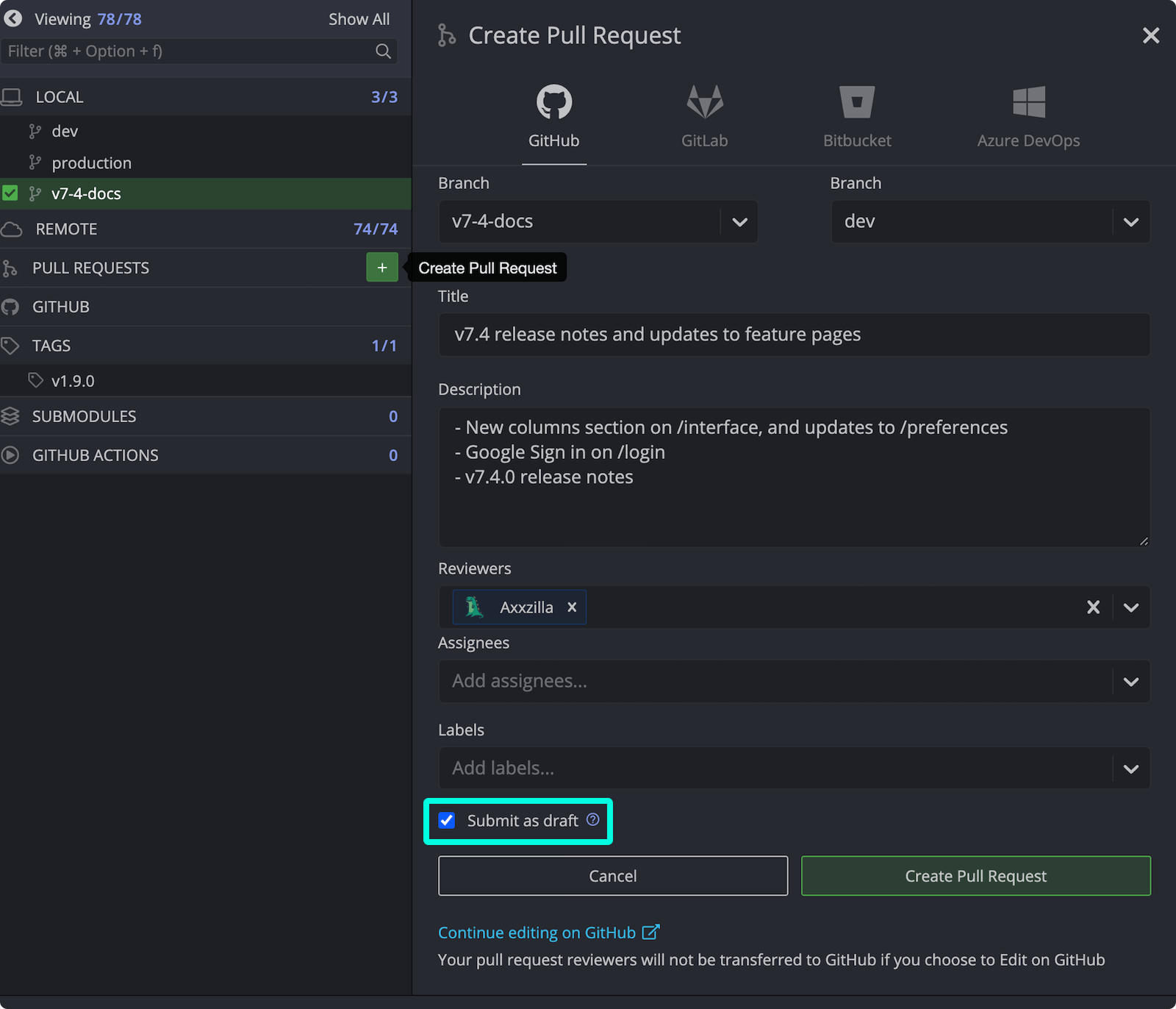 GitKraken interface showing the Create Pull Request form with the 'Submit as draft' checkbox enabled.