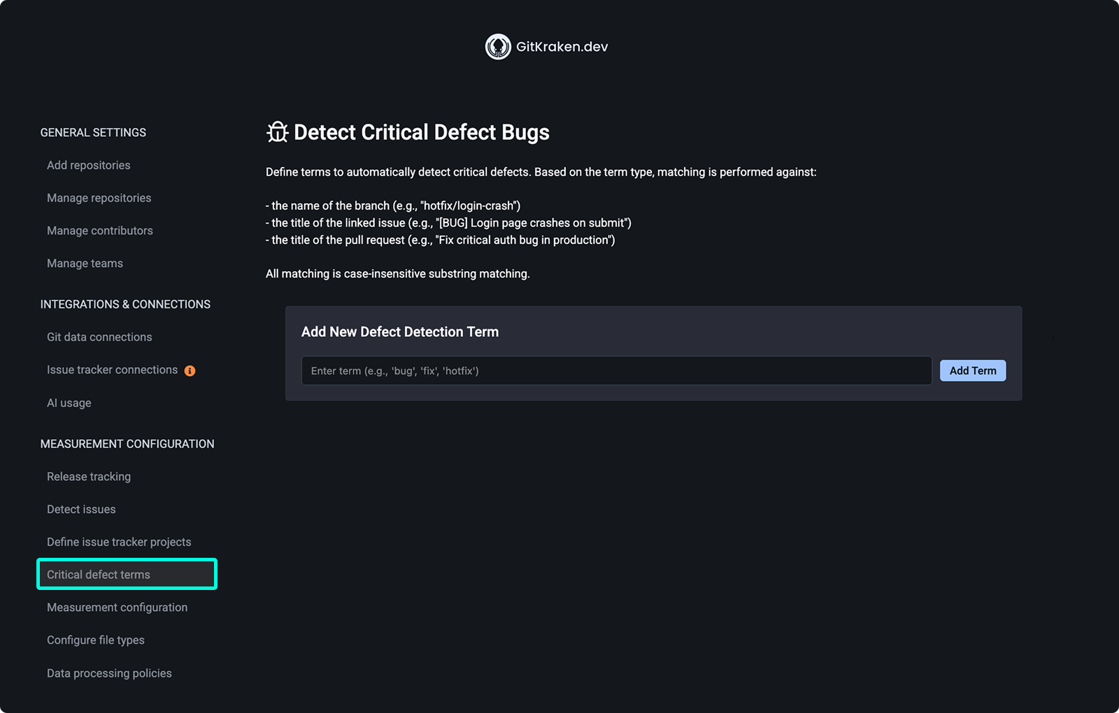Critical defect terms page showing the Detect Critical Defect Bugs heading, a description of matching behavior, and the Add New Defect Detection Term input field