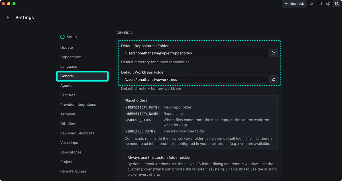 Settings → General showing Default Repositories Folder set to /Users/jonathansilva/kepler/repositories and Default Worktrees Folder set to /Users/jonathansilva/worktrees, both highlighted with a teal dashed border, and a Placeholders table below listing REPOSITORY_PATH, REPOSITORY_NAME, SOURCE_PATH, and WORKTREE_PATH