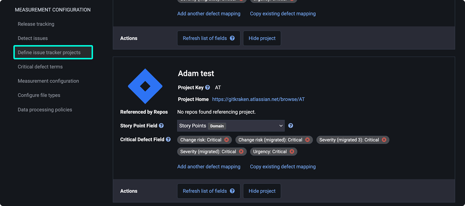 Define issue tracker projects page showing a project card with Project Key, Project Home, Referenced by Repos, Story Point Field, Critical Defect Field, and action buttons