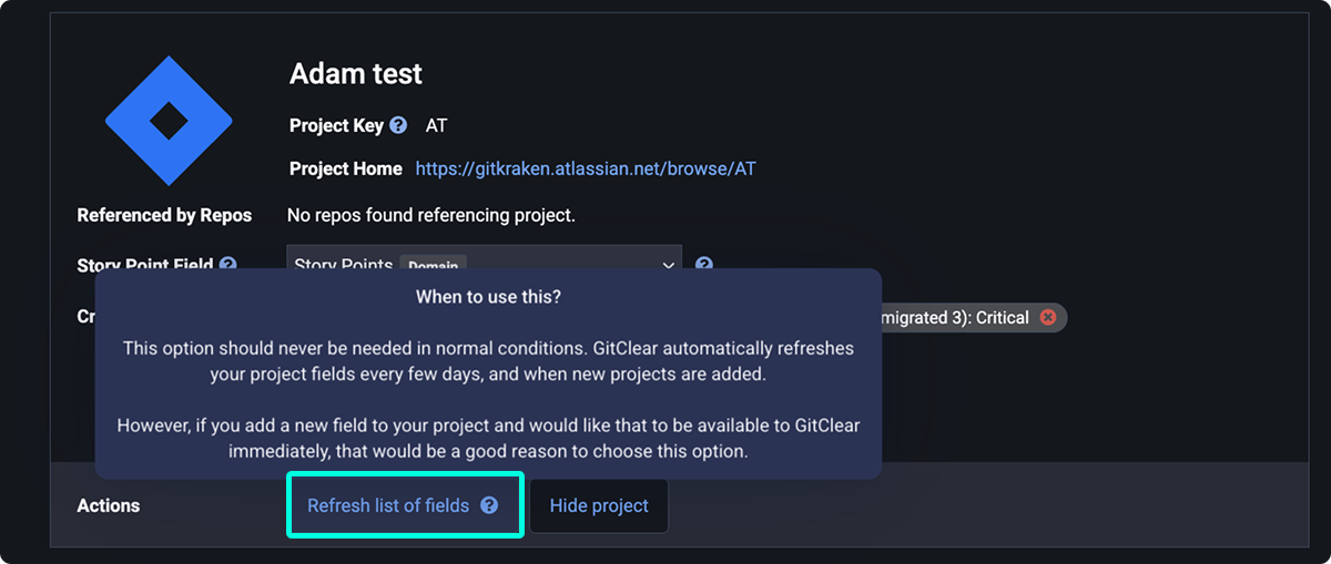 Tooltip for the Refresh list of fields button explaining when to use the option