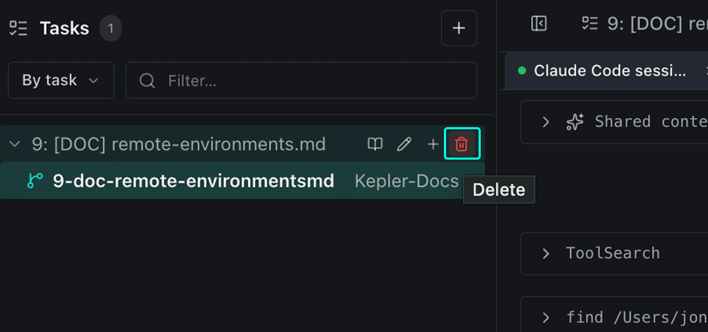 A Task row in the Kepler task list with the trash icon highlighted in teal and a Delete tooltip visible