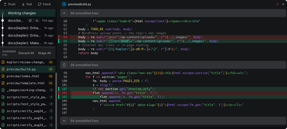 A file's diff open in the right-hand pane, with added and removed lines and collapsed unmodified regions
