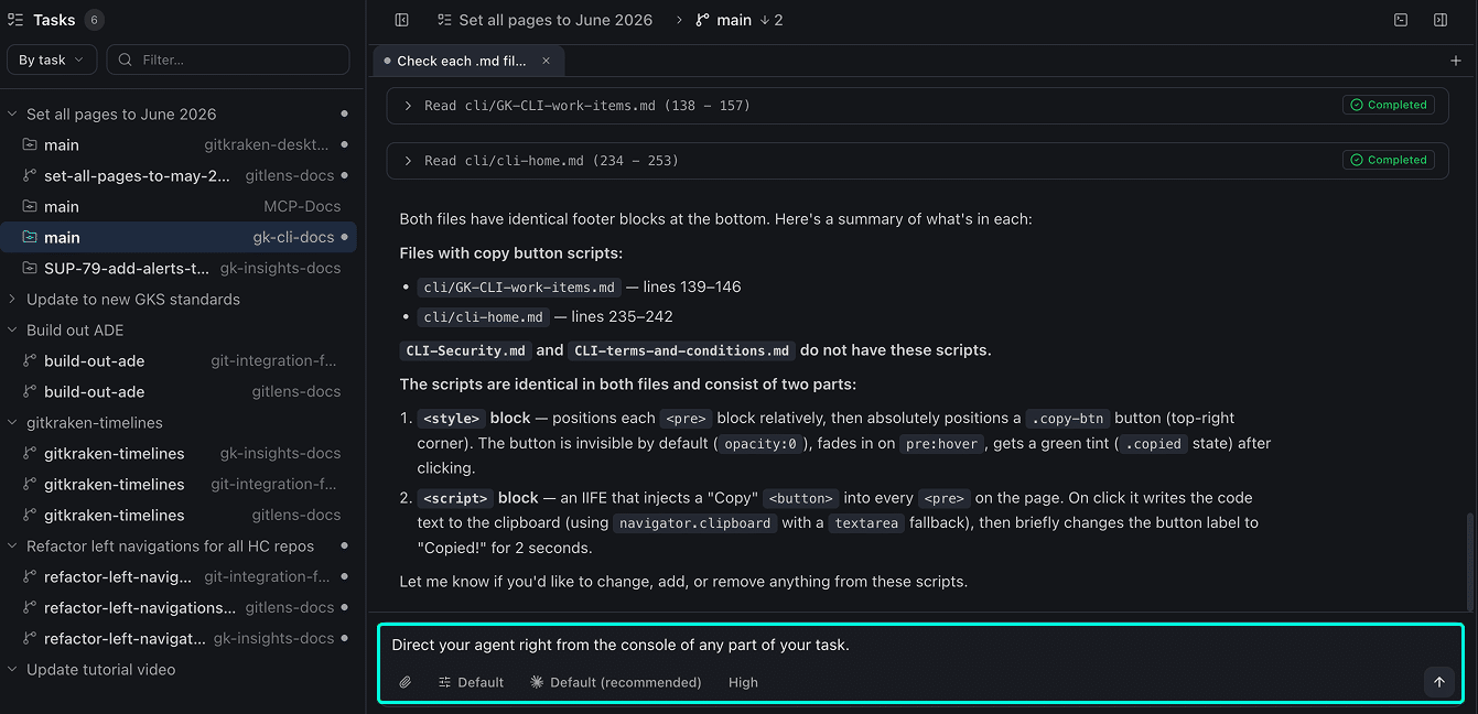 Kepler agent session console showing a task list on the left, an active session tab with agent output in the center, and the console input bar at the bottom with Mode, Model, and Effort selectors