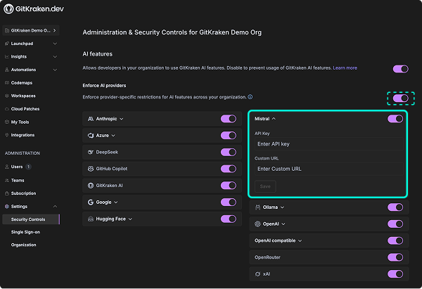 AI provider settings showing API key and URL fields