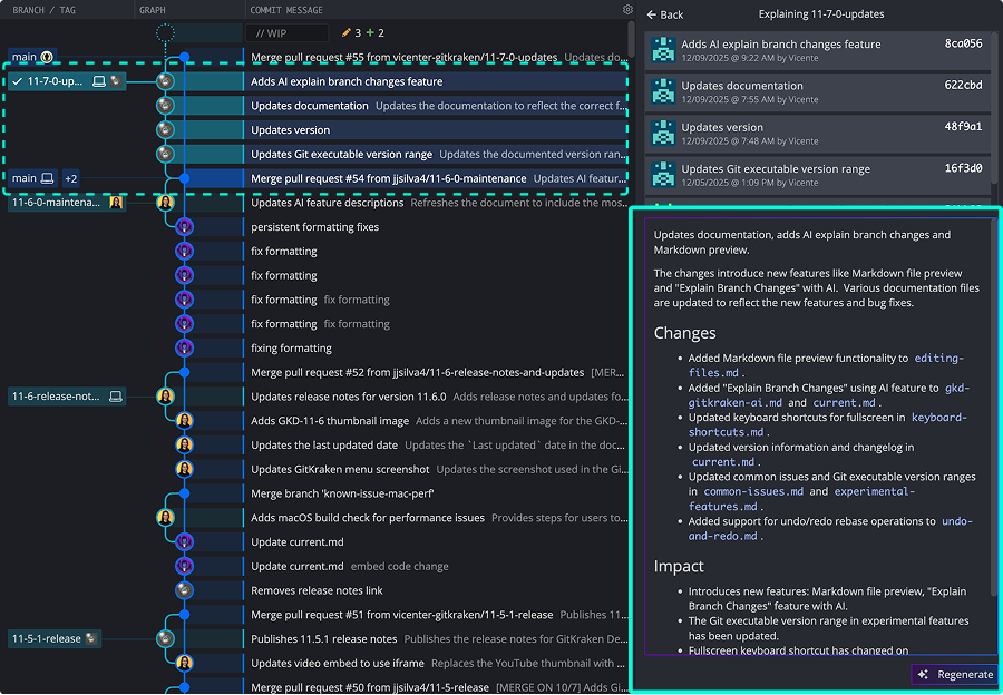 Example of GitKraken AI change and impact summaries.