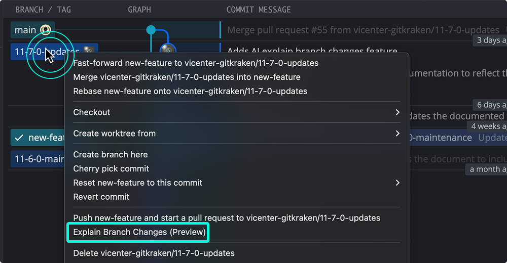 Explain Branch Changes context menu option in GitKraken.