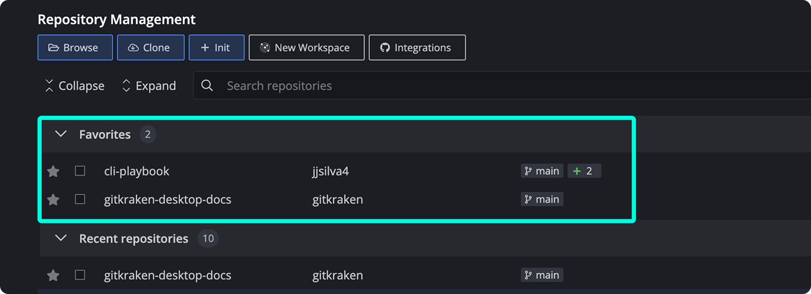Favorites section in GitKraken Desktop displaying two repositories pinned for quick access