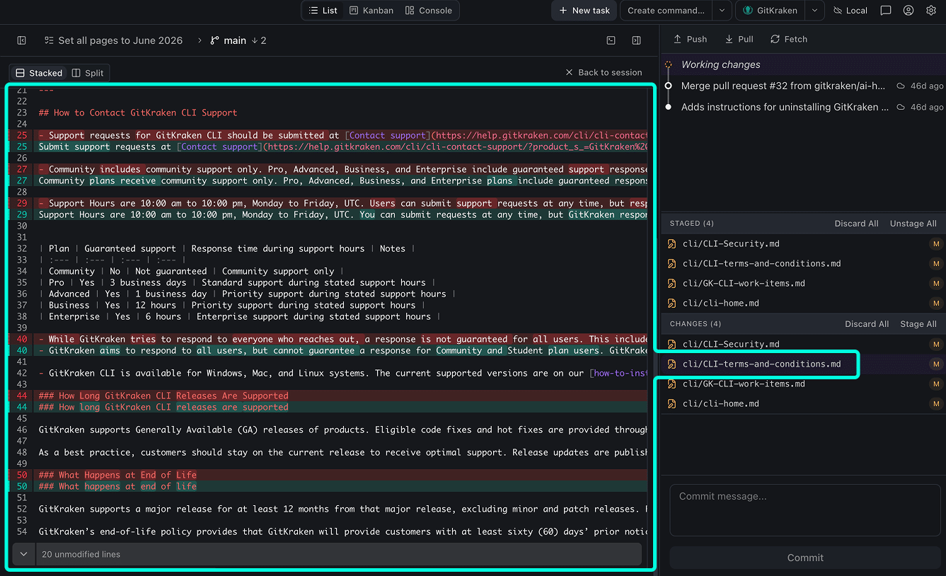 Kepler diff view in Stacked mode showing red removed lines and green added lines on the left, with the Working changes panel on the right displaying STAGED and CHANGES file lists and a Commit button