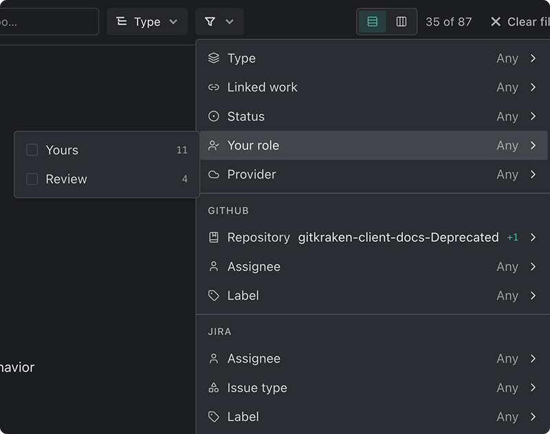 The Filter menu open, showing one flyout per facet