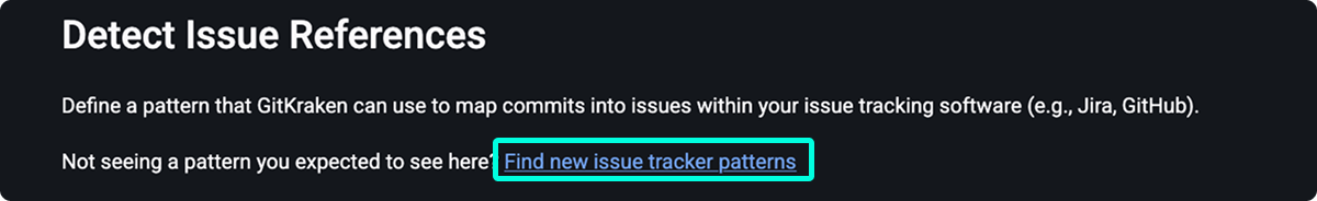 Detect Issue References page header showing the Find new issue tracker patterns link highlighted