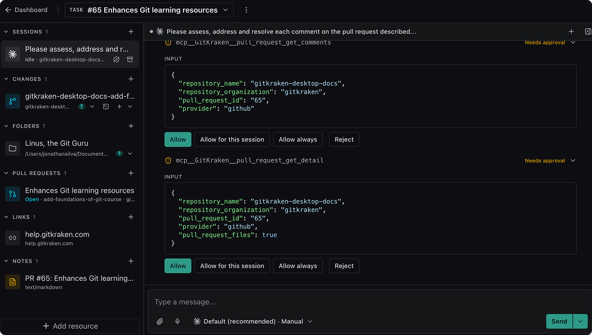 The task view with the rail on the left, listing Sessions, Changes, Folders, Pull requests, Links, and Notes, and a session open on the right with tool-call approval prompts
